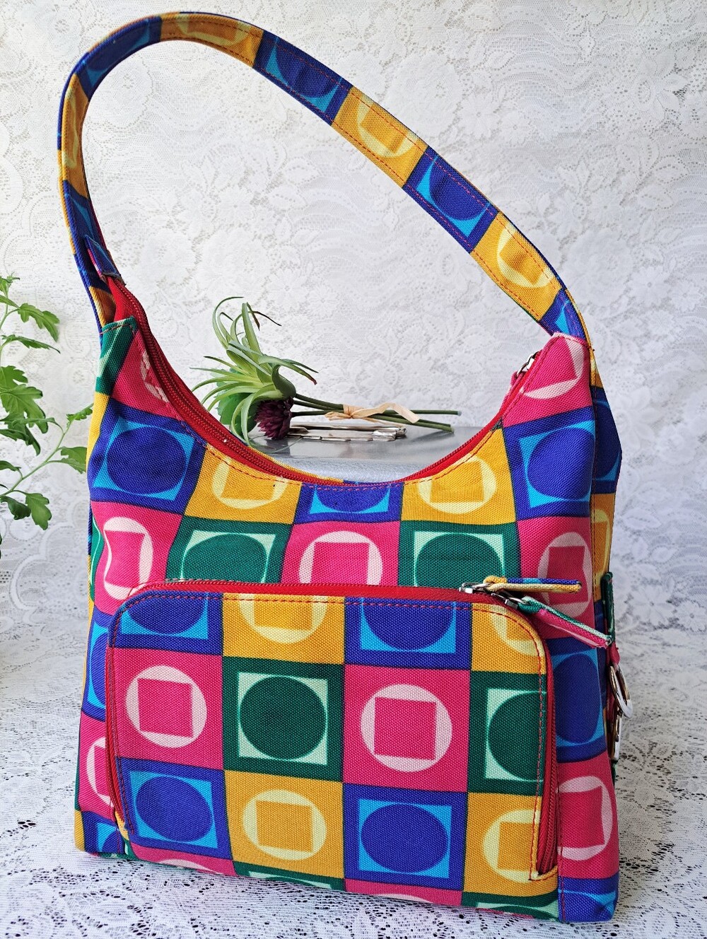 Vintage 90s Nostalgia Pop Art Geometric Mosaic Canvas Hobo Shoulder Bag Kidcore